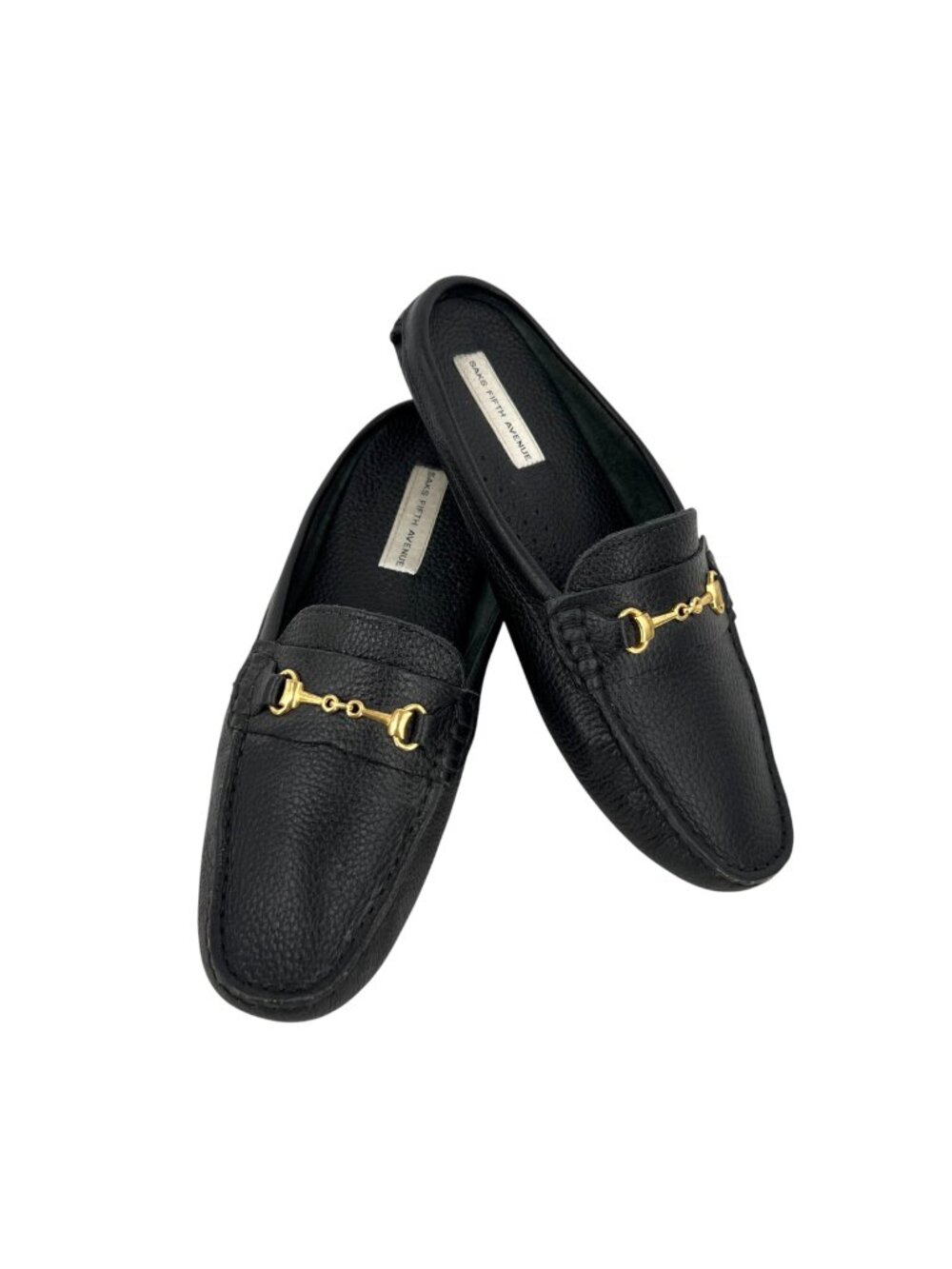 Saks Fifth Avenue Gold Horsebit Black Leather Loafer Style Driving Mules Size 7